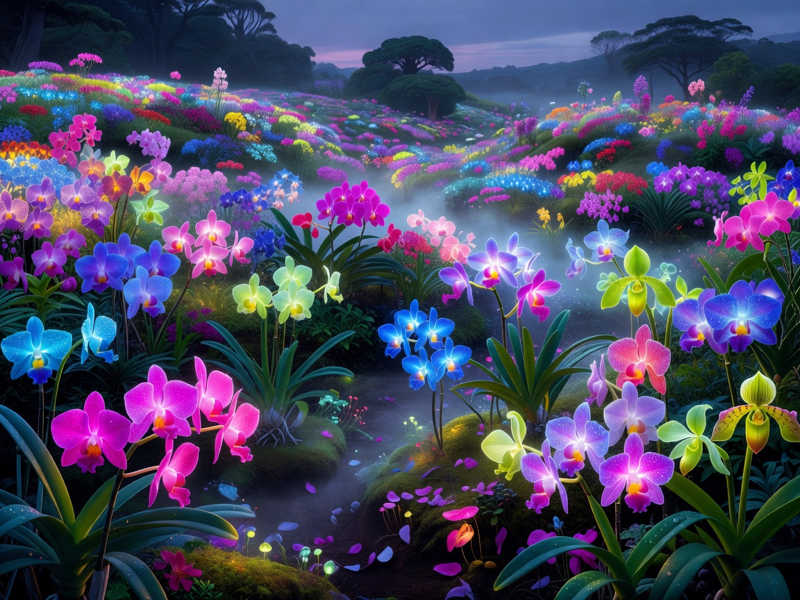 A glowing vibrant orchid field highlighting enchanted colors in a magical garden setting