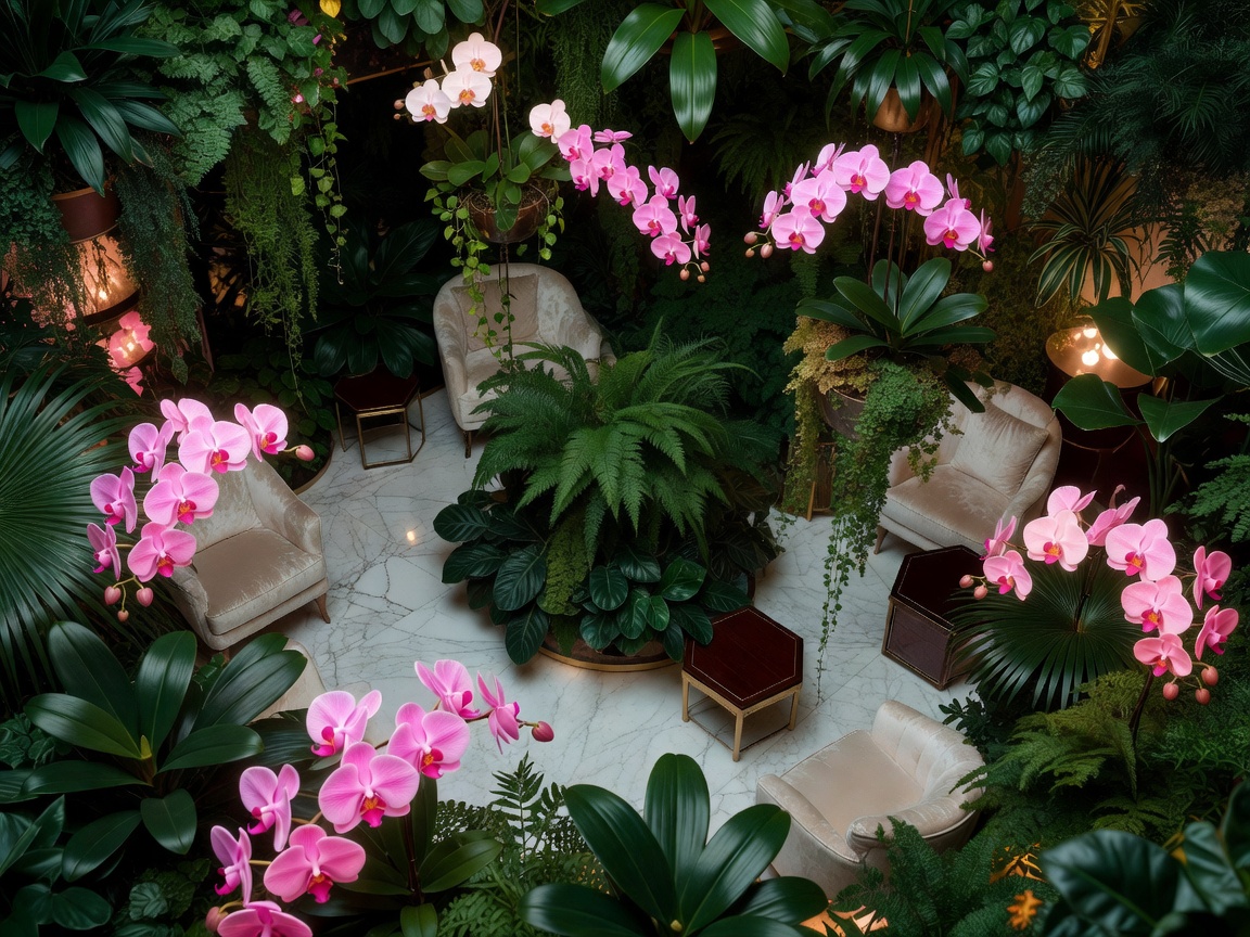 Overhead view of a luxurious botanical indoor lounge filled with glowing pink orchids and lush green foliage