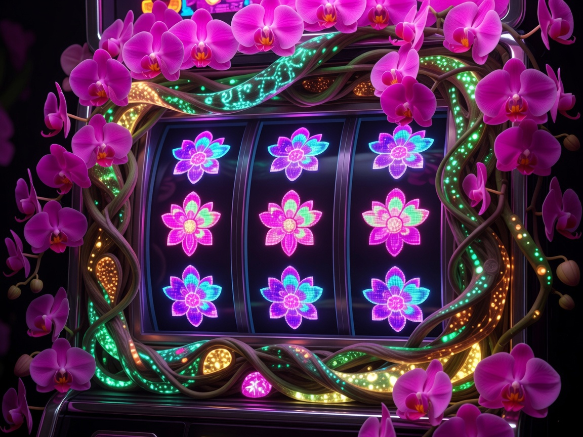 Glowing neon flower slot machine reels surrounded by brilliant cascading pink orchids and mystical glowing vines