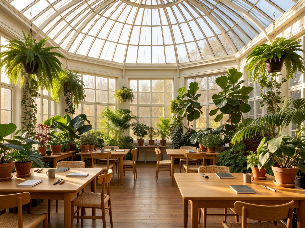 Bright greenhouse workspace filled with potted green plants and comfortable wooden desks under a glass dome ceiling