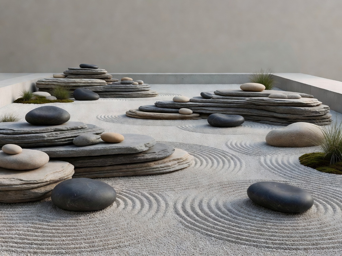 Perfectly stacked gray zen river stones arranged on raked white sand in a quiet garden corner